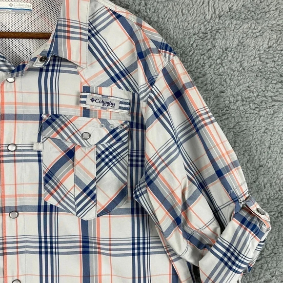 Columbia PFG Beadhead Guide Plaid L/S Shirt Size Large Pearl Snaps Outdoor - Picture 5 of 17
